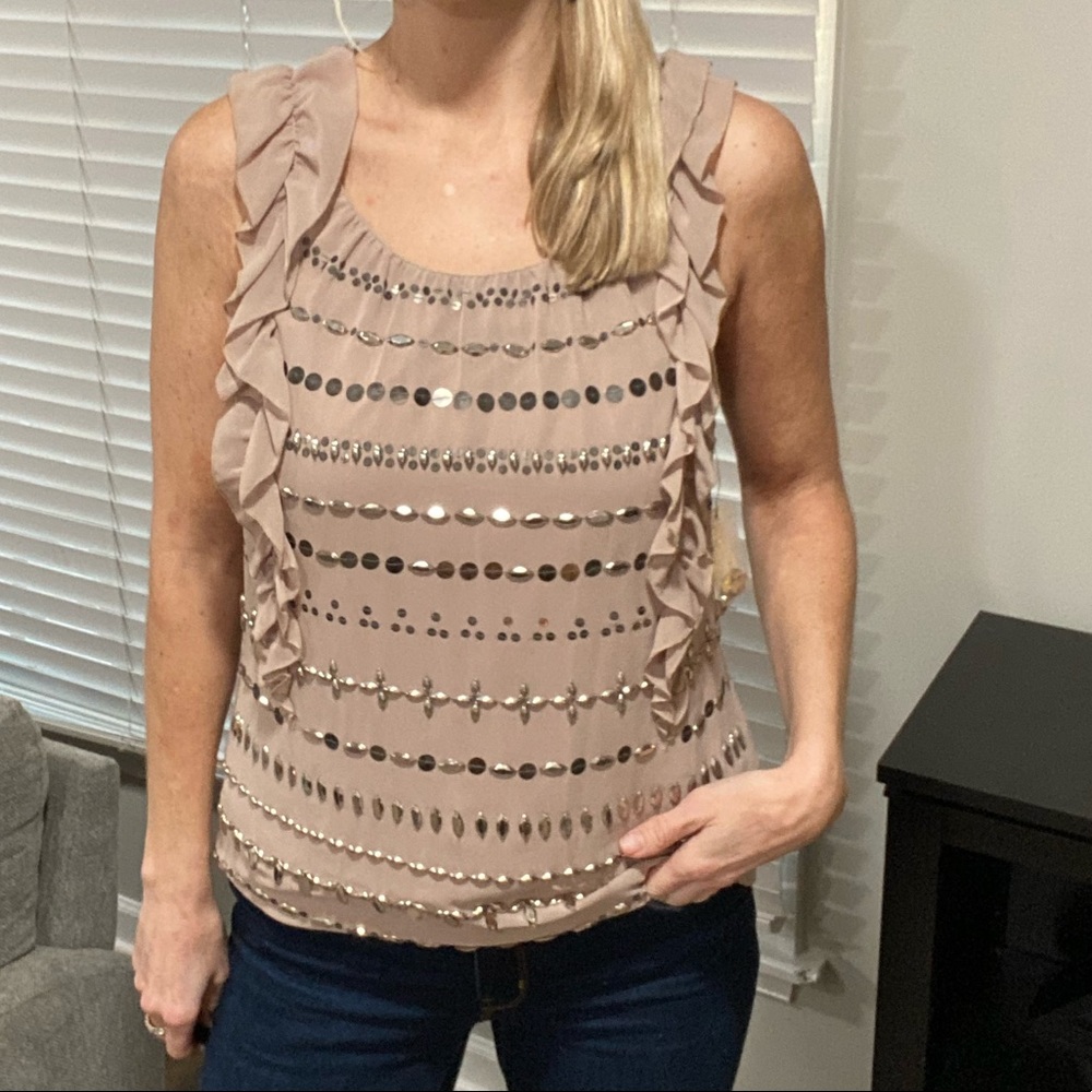 NWT ROBBI & NIKKI Taupe Nude Ruffle Silver Embellished Blouse LARGE